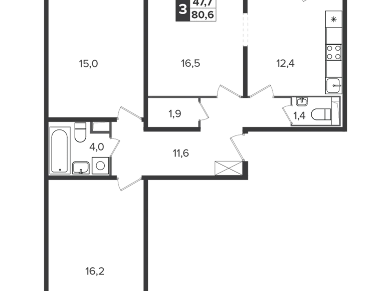 3 room apartment 80 m² Leninsky District, Russia