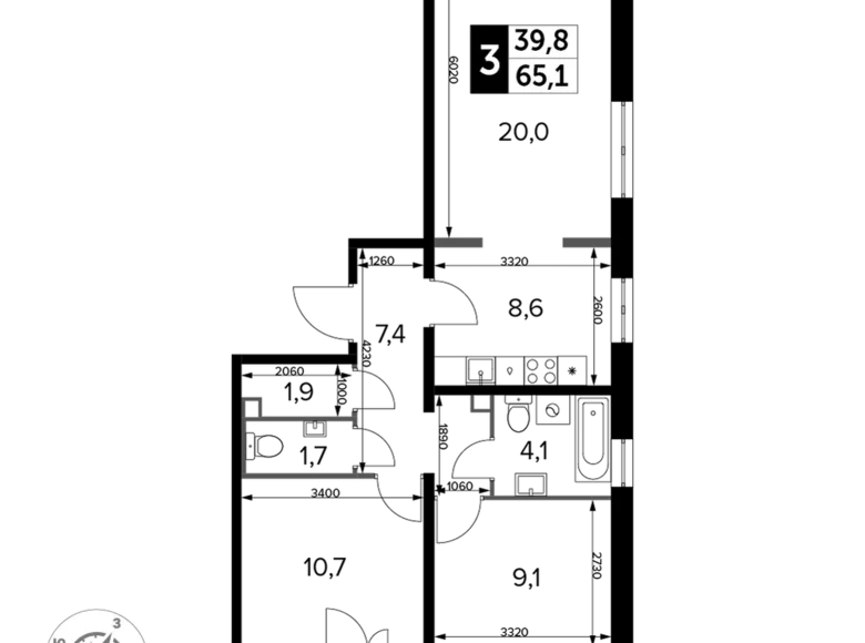 3 room apartment 65 m² Leninsky District, Russia