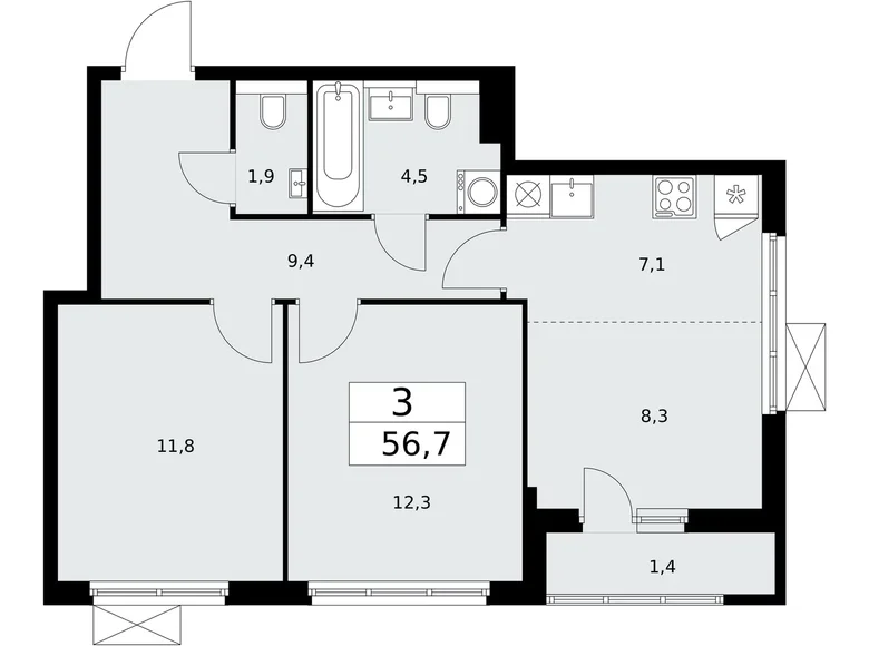 3 room apartment 57 m² Kommunarka, Russia