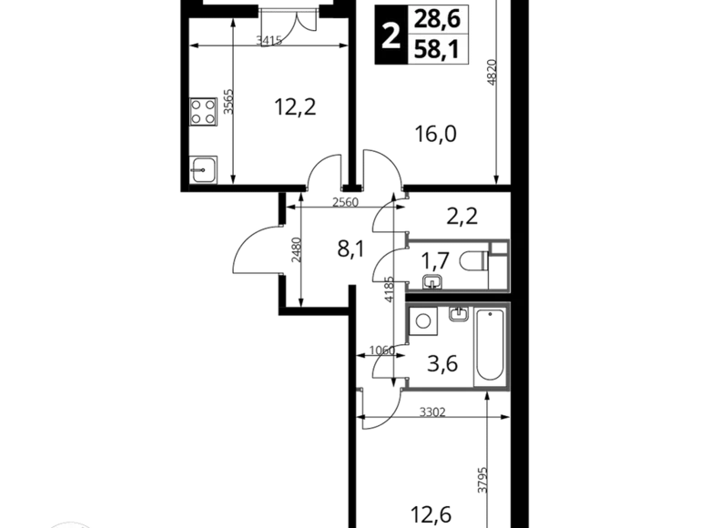 2 room apartment 58 m² Lyubertsy, Russia