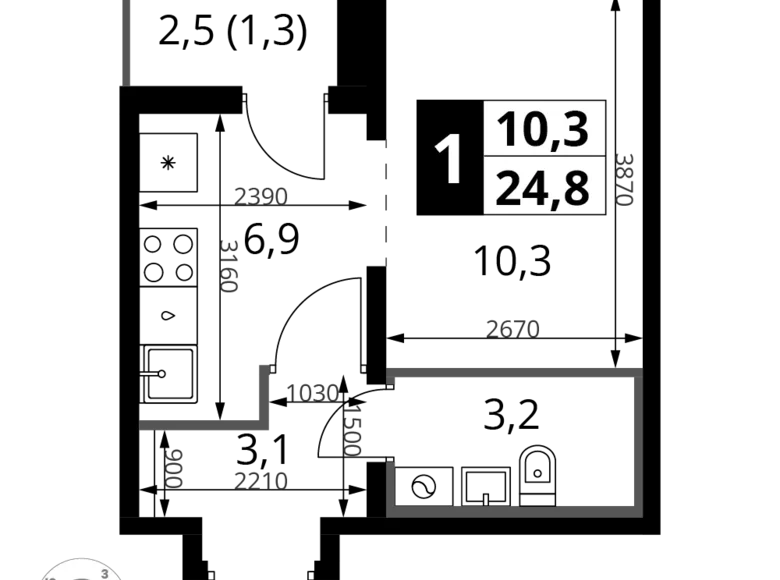 1 room apartment 25 m² Leninsky District, Russia