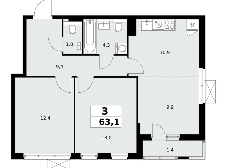 Appartement 3 chambres 63 m² Kommunarka, Russie