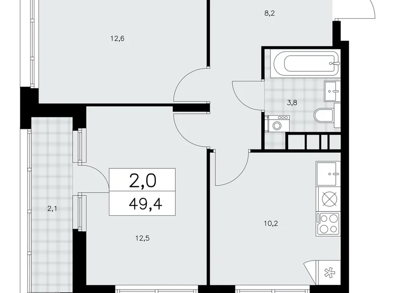 2 room apartment 49 m² Kommunarka, Russia