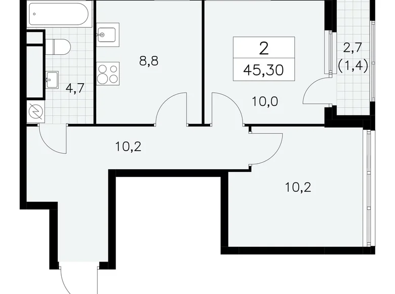 2 room apartment 45 m² Moscow, Russia