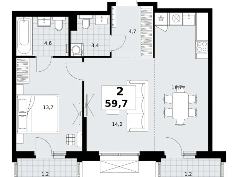 2 room apartment 60 m² Kommunarka, Russia