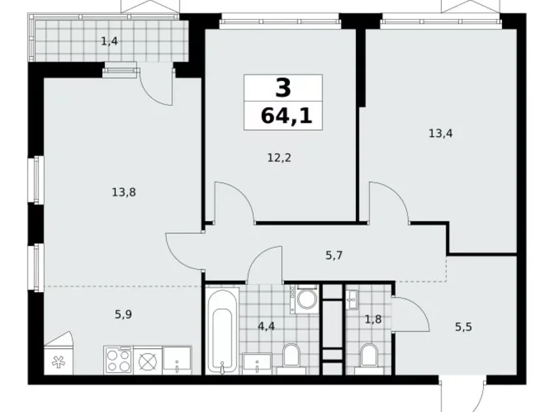 Квартира 3 комнаты 64 м² район Коммунарка, Россия