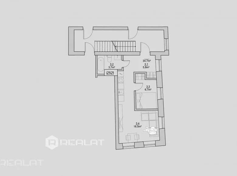 2 room apartment 36 m² in Riga, Latvia