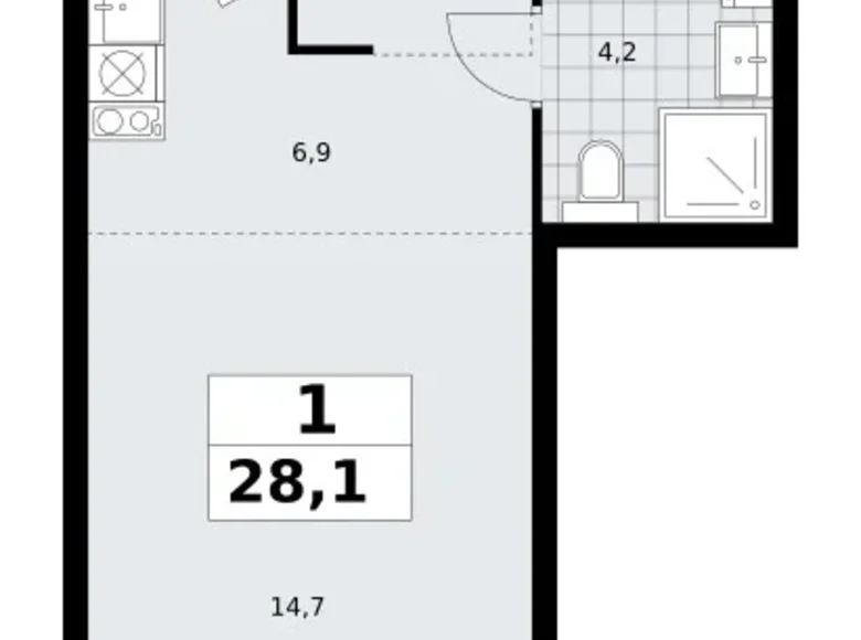 Квартира 1 комната 28 м² район Троицк, Россия
