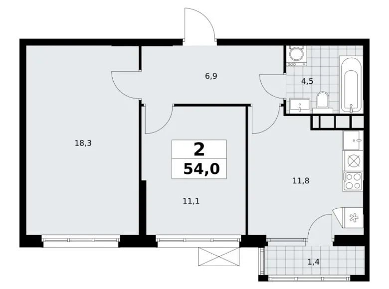 2 room apartment 54 m² Moscow, Russia