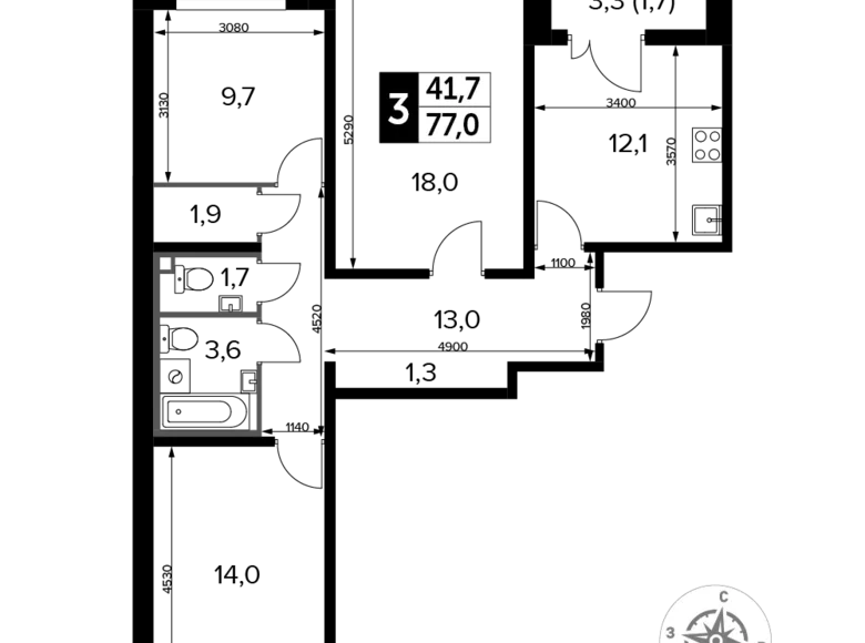 3 room apartment 77 m² Lyubertsy, Russia