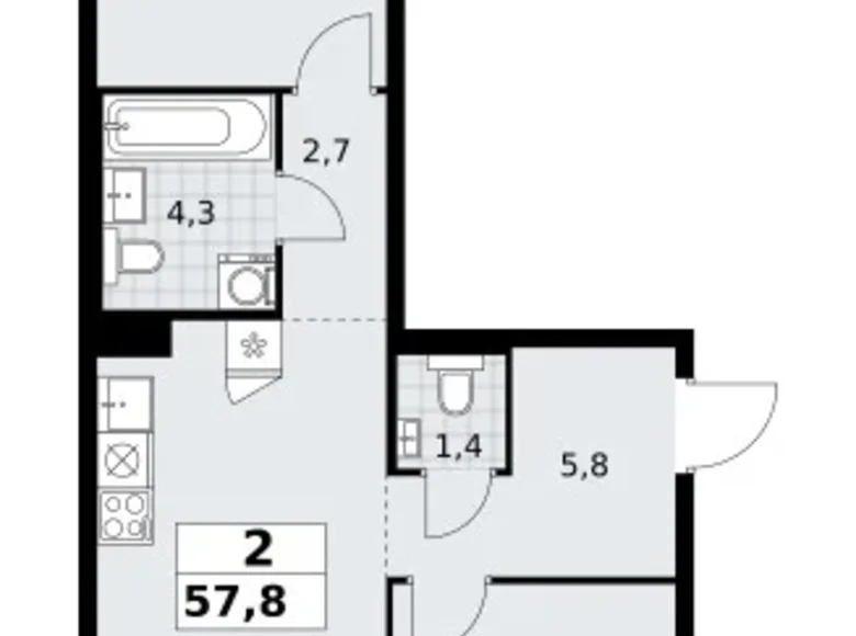 Mieszkanie 2 pokoi 58 m² Troick, Rosja