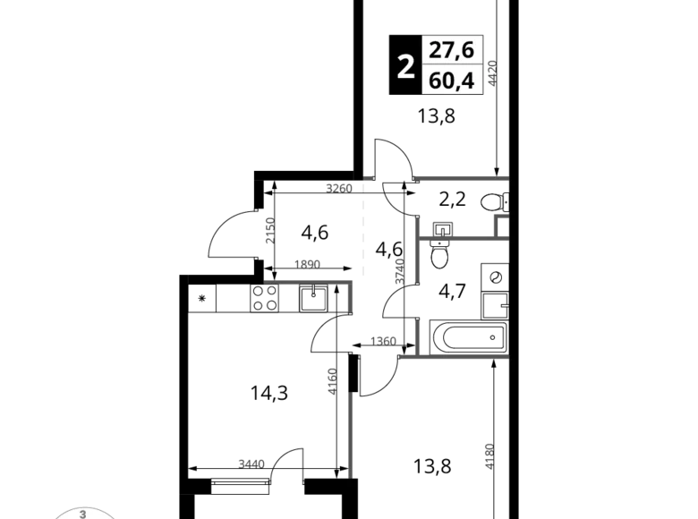 2 room apartment 60 m² Khimki, Russia