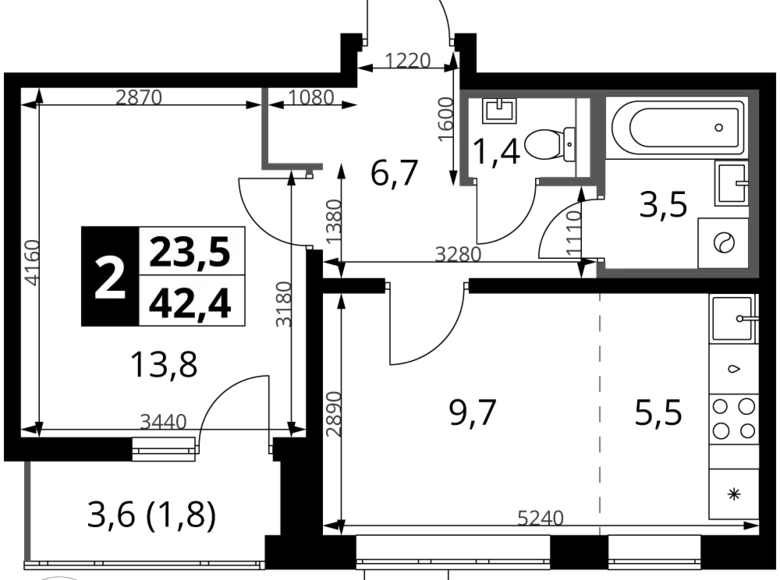 2 room apartment 42 m² Khimki, Russia