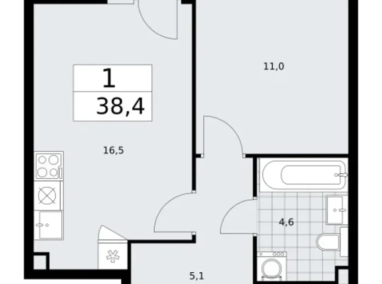 1 room apartment 38 m² Troitsk, Russia