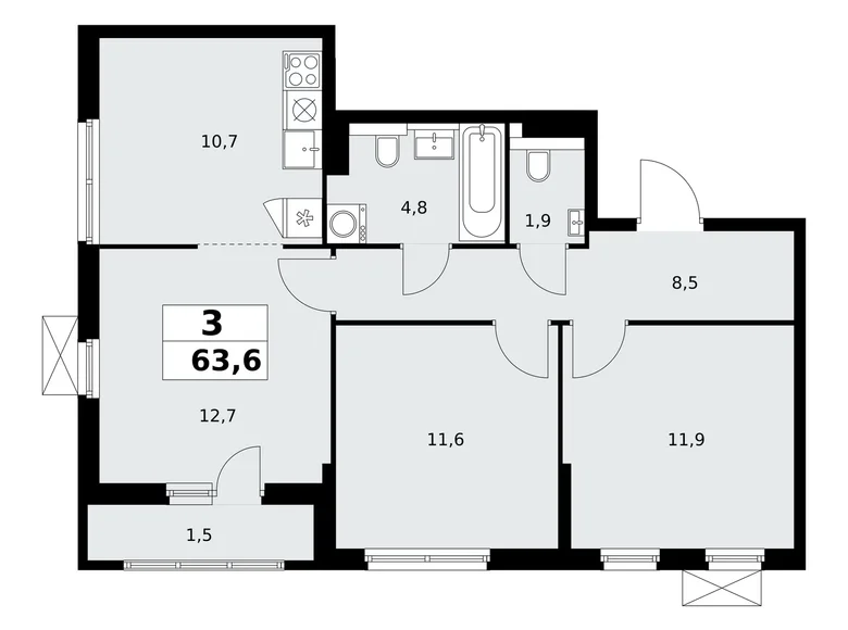 3 room apartment 64 m² Kommunarka, Russia