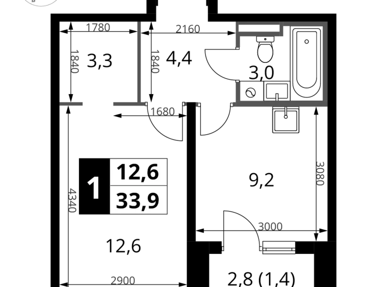Квартира 1 комната 34 м² Сапроново, Россия