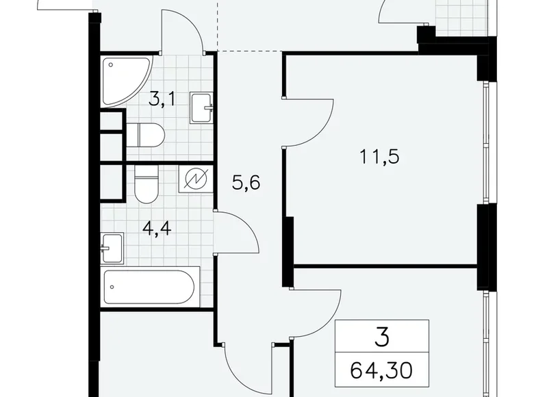3 room apartment 64 m² Moscow, Russia