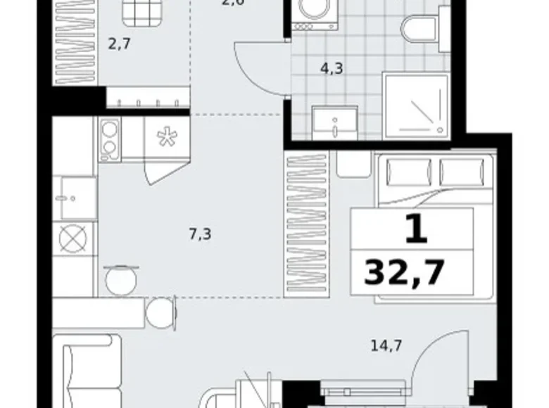 Квартира 1 комната 33 м² район Коммунарка, Россия