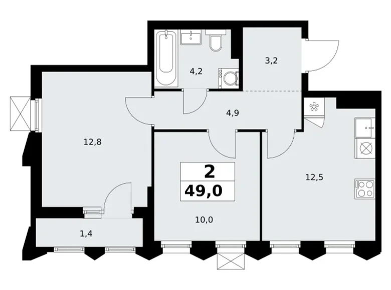2 room apartment 49 m² Troitsk, Russia