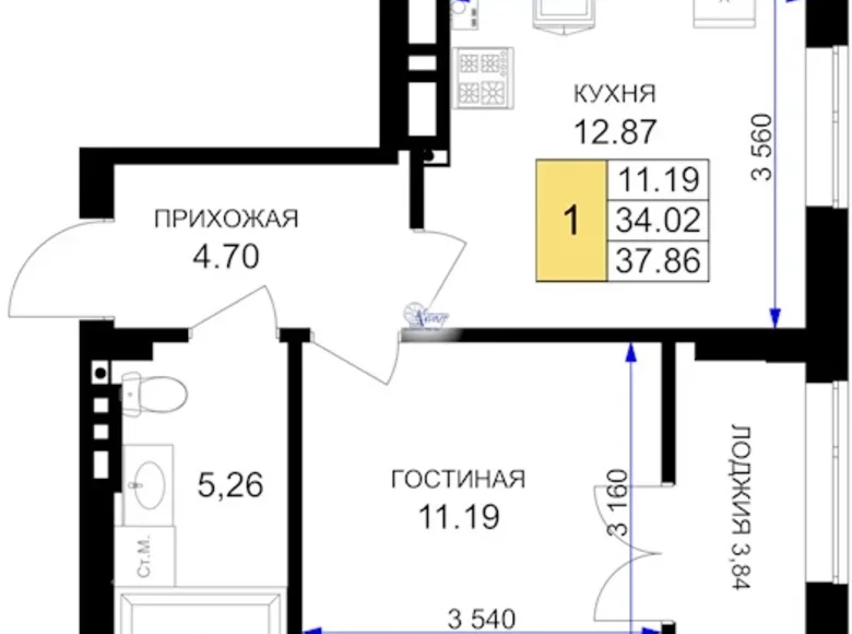 Apartamento 1 habitación 38 m² Guryevsk, Rusia
