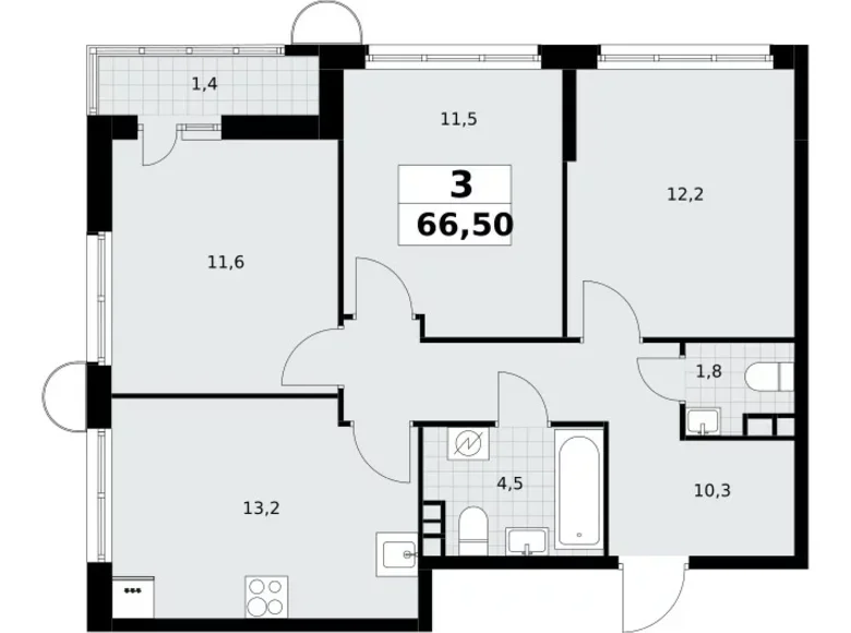 3 room apartment 67 m² Vnukovo, Russia
