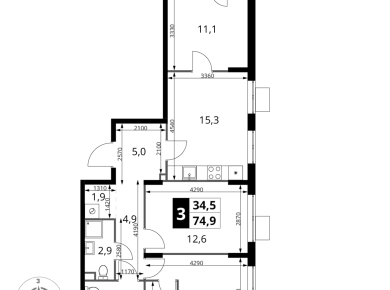 3 room apartment 75 m² Khimki, Russia