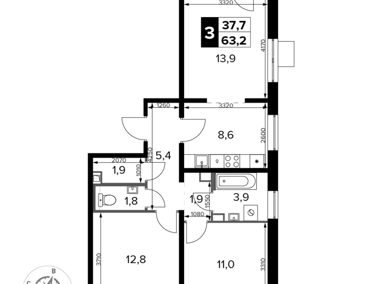3 room apartment 63 m² Sapronovo, Russia