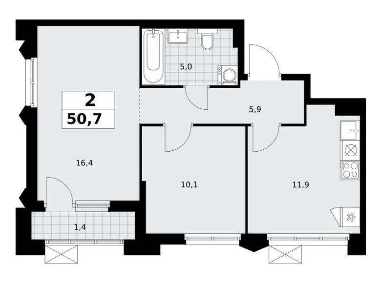 2 room apartment 51 m² Troitsk, Russia