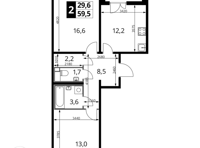 2 room apartment 59 m² Lyubertsy, Russia