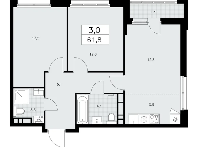 3 room apartment 62 m² Kommunarka, Russia