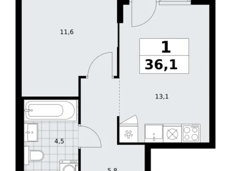 Квартира 1 комната 36 м² район Троицк, Россия