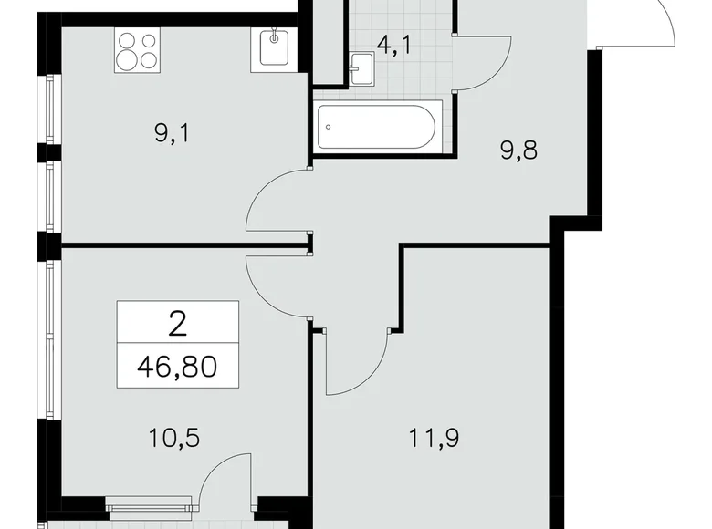 2 room apartment 47 m² Moscow, Russia