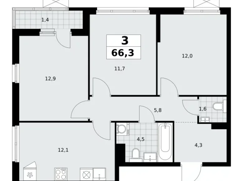 Appartement 3 chambres 66 m² Kommunarka, Russie