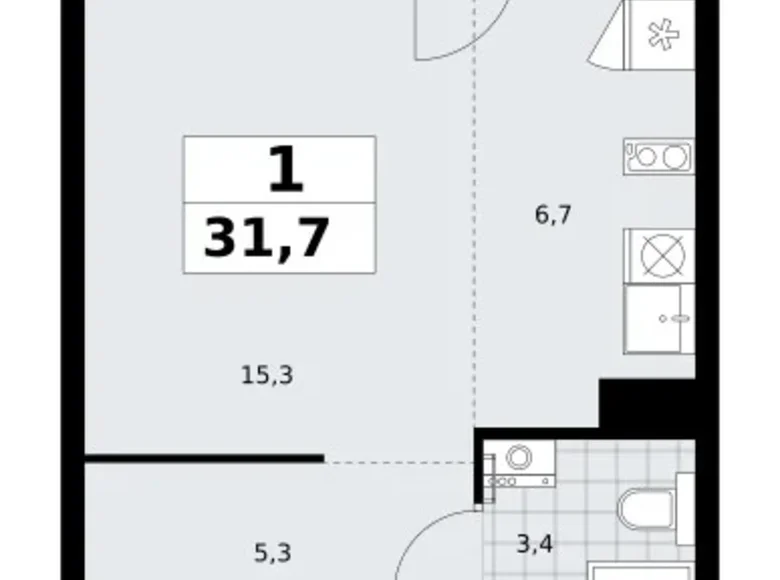 1 room apartment 32 m² Troitsk, Russia