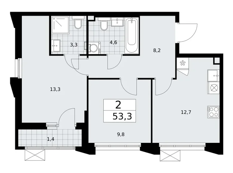 2 room apartment 53 m² Troitsk, Russia