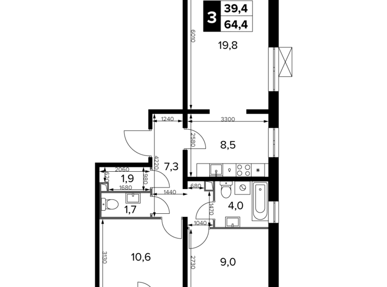 Mieszkanie 3 pokoi 64 m² Leninsky District, Rosja