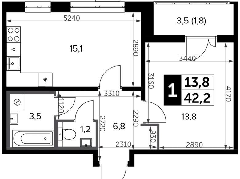 1 room apartment 43 m² Leninsky District, Russia