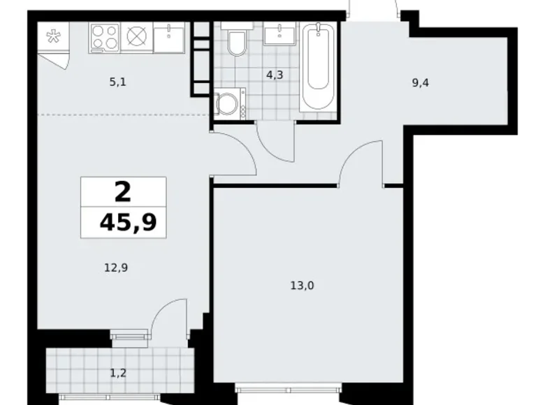 2 room apartment 46 m² Kommunarka, Russia