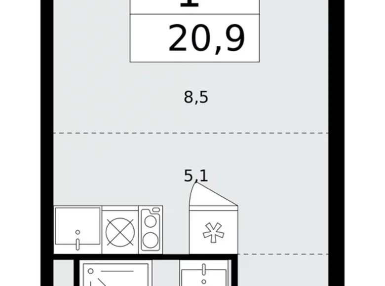 Квартира 1 комната 21 м² район Троицк, Россия