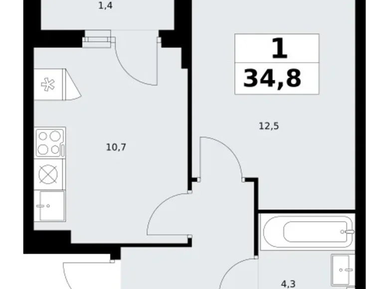 1 room apartment 35 m² Troitsk, Russia