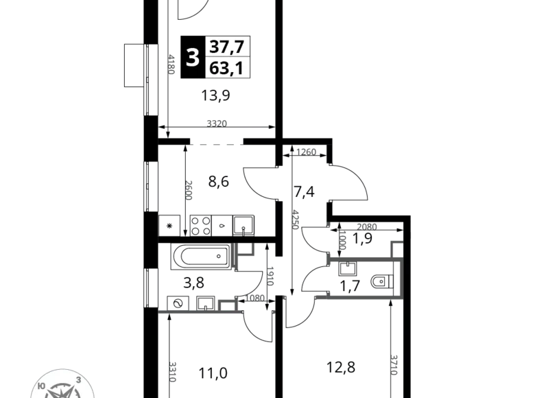 Apartamento 3 habitaciones 63 m² Leninsky District, Rusia
