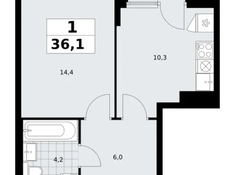 1 room apartment 36 m² Troitsk, Russia