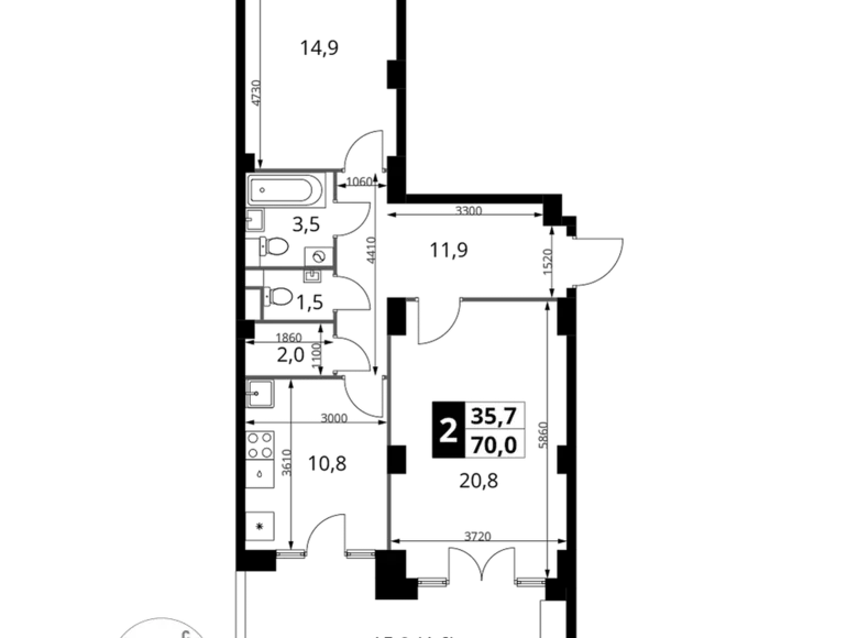 2 room apartment 70 m² Leninsky District, Russia