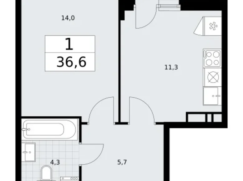 1 room apartment 37 m² Vnukovo, Russia