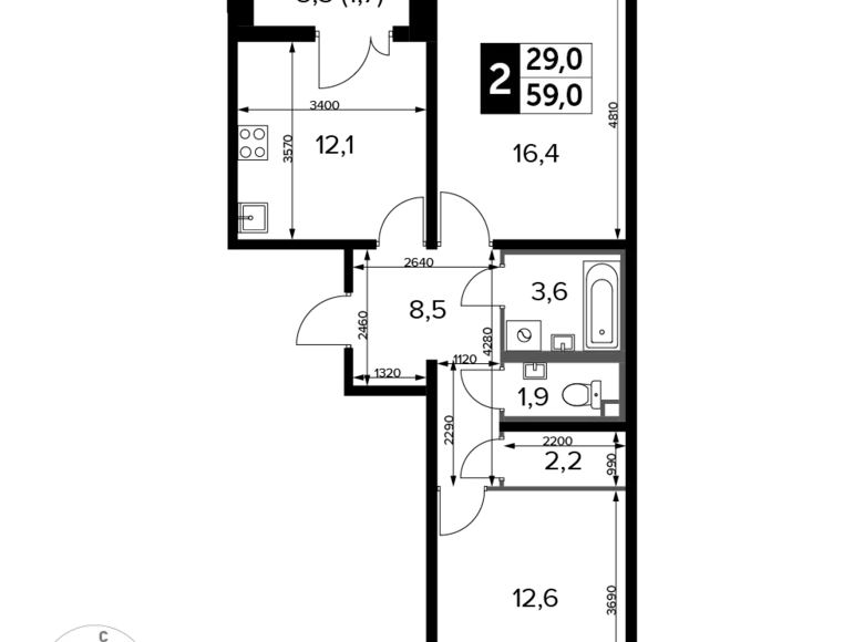 2 room apartment 59 m² Lyubertsy, Russia