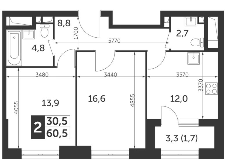 2 room apartment 61 m² Moscow, Russia
