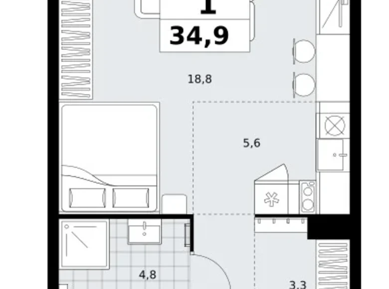 Квартира 1 комната 35 м² район Коммунарка, Россия