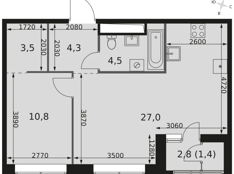 2 room apartment 52 m² Moscow, Russia