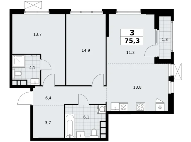 3 room apartment 75 m² Moscow, Russia