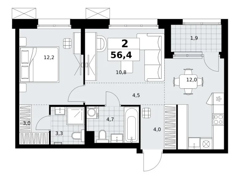 Appartement 2 chambres 56 m² Kommunarka, Russie